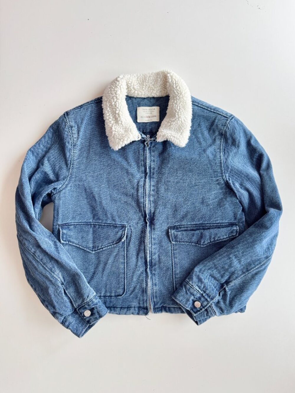 Girls' ZARA Blue Cotton Denim Faux Shearling Collar Bomber Jacket, Size 13-14